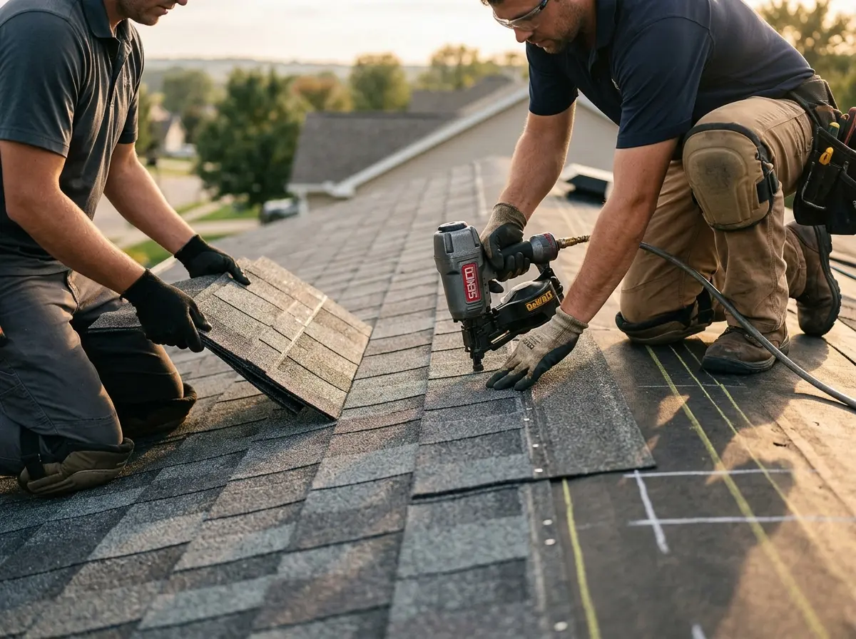 Professional roofer working on a residential roof in Arden-Arcade